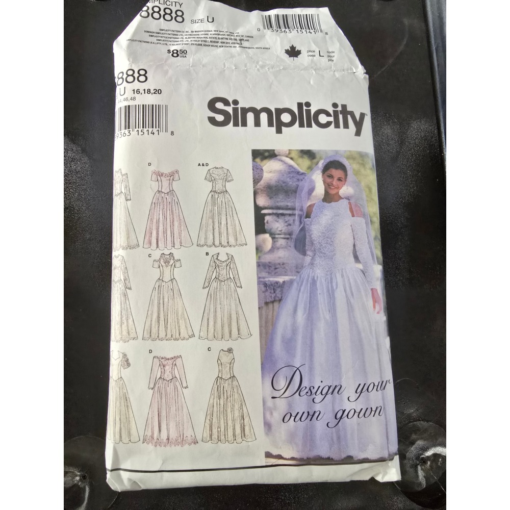 Simplicity 8888 Sewing Pattern Design Your Own Gown Wedding Dress Size 16-20